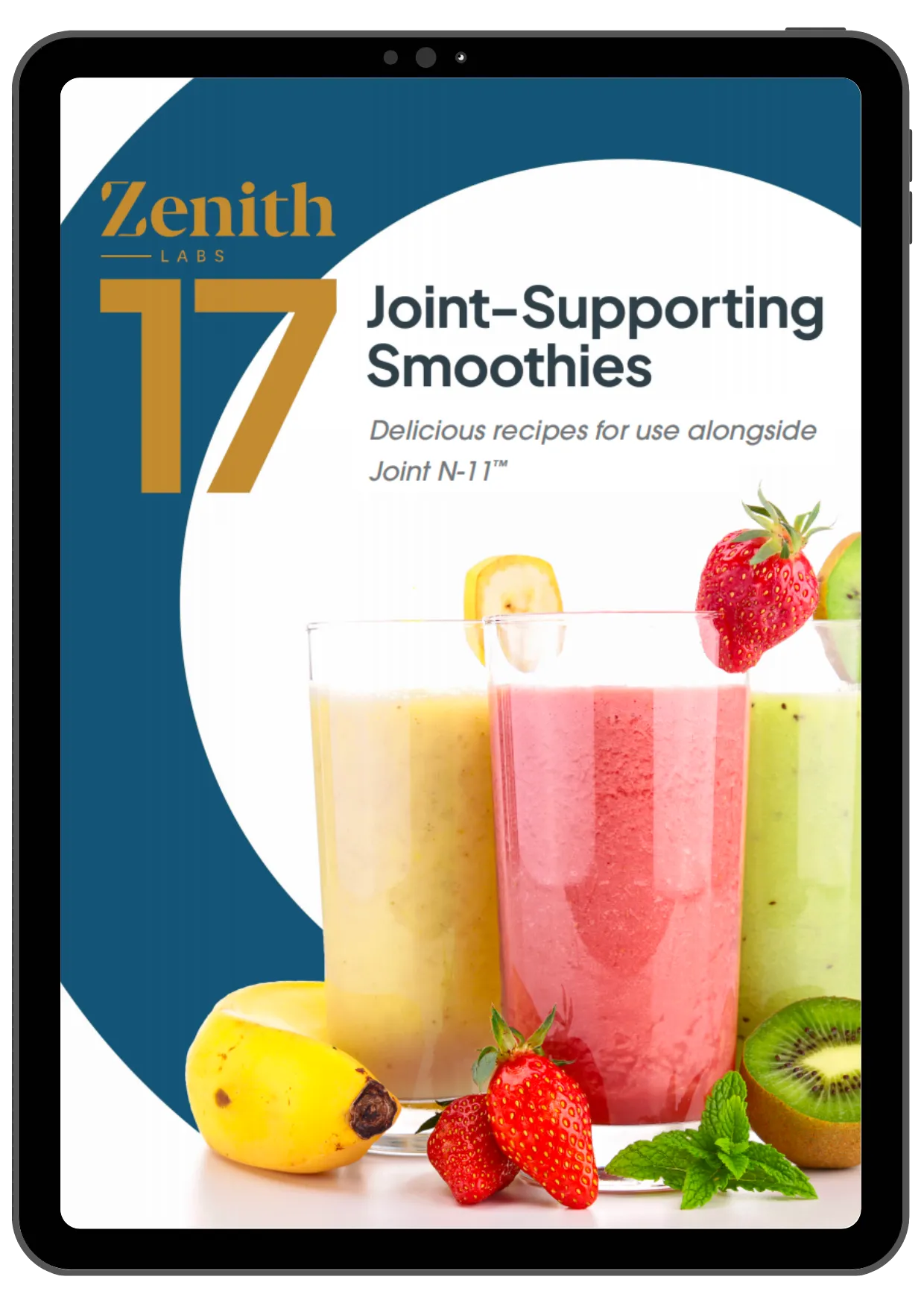 Tablet displaying 17 joint supporting smoothie recipes designed to complement Joint N-11